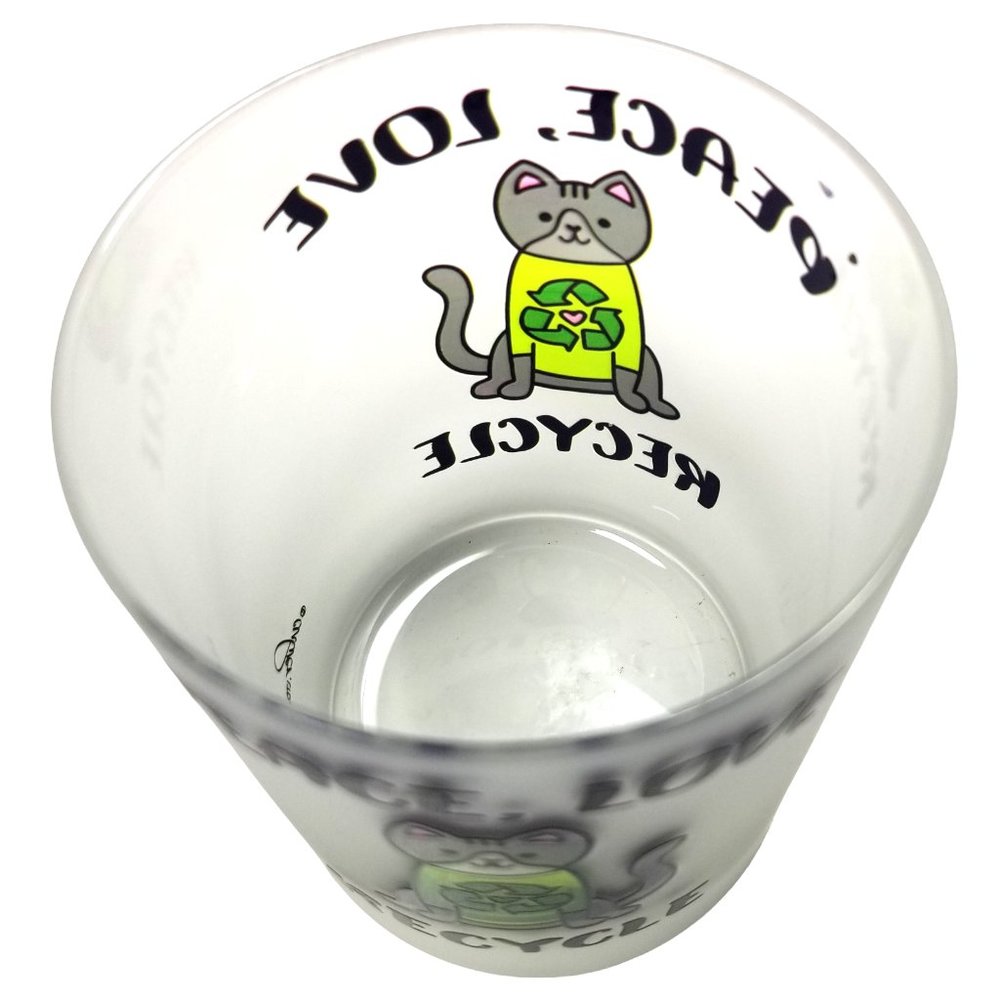 Frosted Old Fashion Glass PEACE, LOVE, RECYCLE ♻ Cat Barware Tumbler by Culver. - Picture 2 of 5